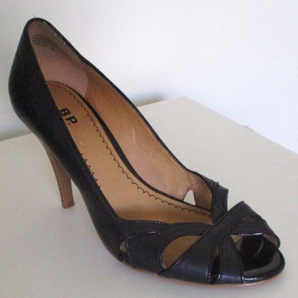 BP. "Daniella" Womens Black Leather Open Toe Pump w/3.5" Heel - Size 6M - Picture 1 of 9